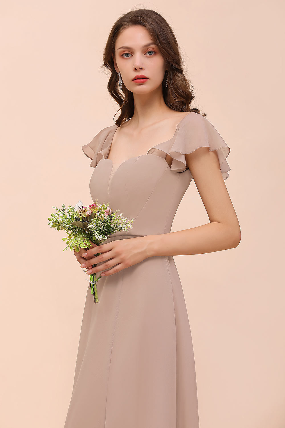 Cap Sleeves Chiffon Floor Length Bridesmaid Dress with Side Split
