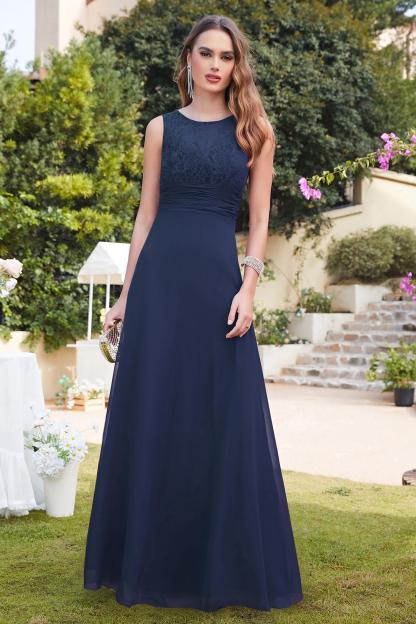 Elegant Round Neck Floral Lace Chiffon Bridesmaid Dress Sleeveless Floor Length Wedding Party Dress
