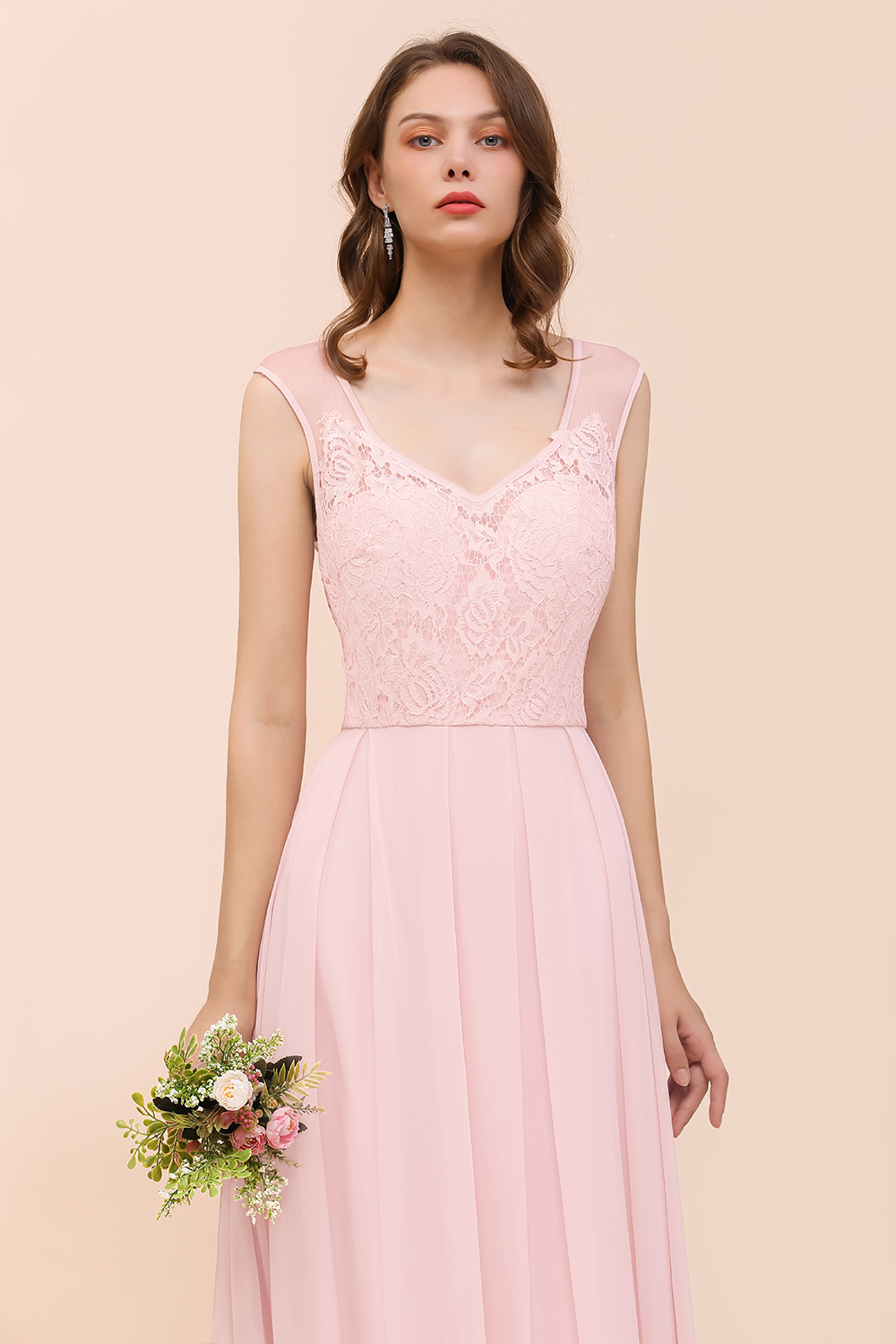 Stylish Pink Long Bridesmaid Dress A-line Ruffle Chiffon Lace Wedding Guest Dress