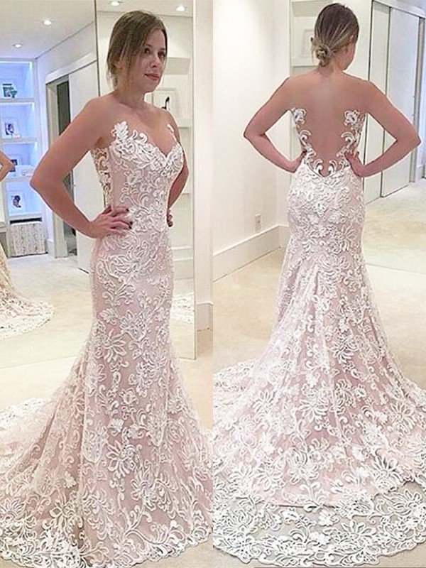 Sleeveless Sweep Train Sexy Mermaid Sweetheart Lace Wedding Dresses UK