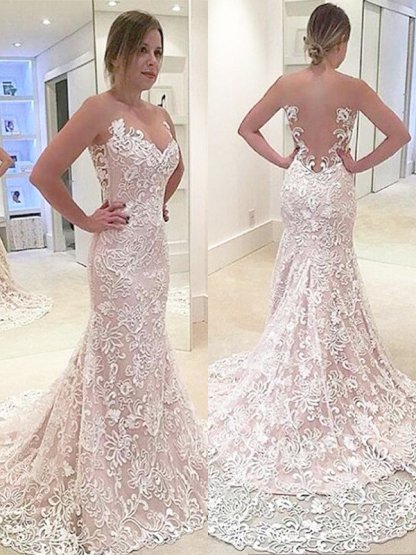Sleeveless Sweep Train Sexy Mermaid Sweetheart Lace Wedding Dresses UK