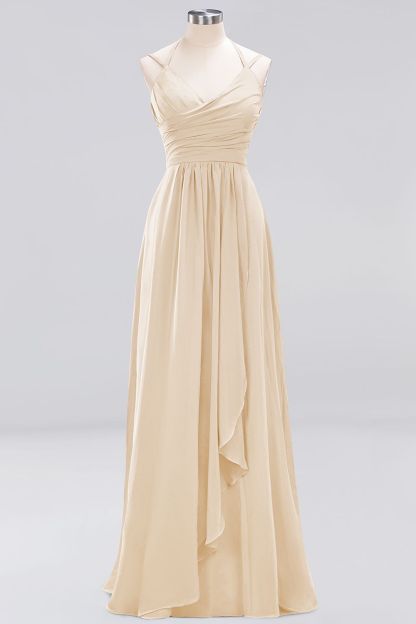 A-line Sleeveless Ruffles Chiffon Floor-Length Bridesmaid Dresses with Straps