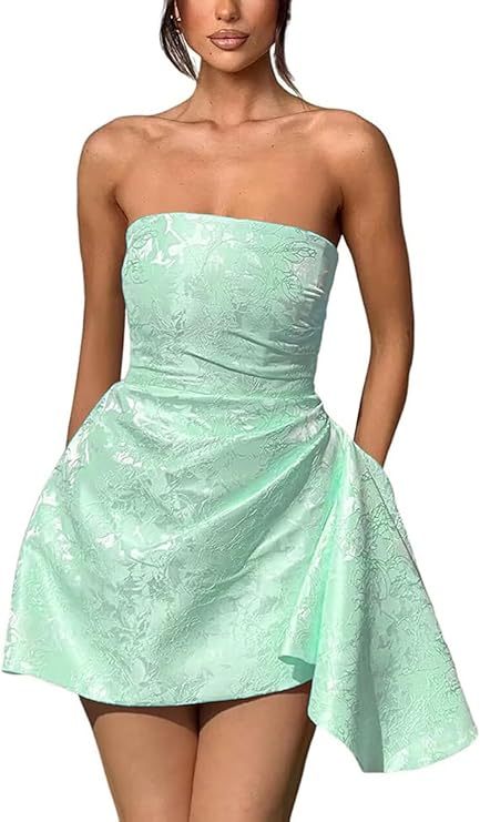 Strapless Ruched Satin Short Party Dress Sleeveless Knee Length Jacquard Homecoming Dress with Pocket