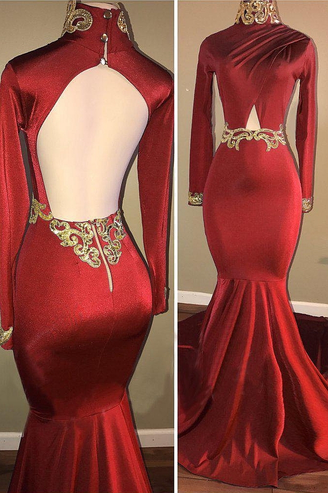 Long Sleeves High Neck Hollow Back Elegant Trumpt Prom Dress UKes UK UK