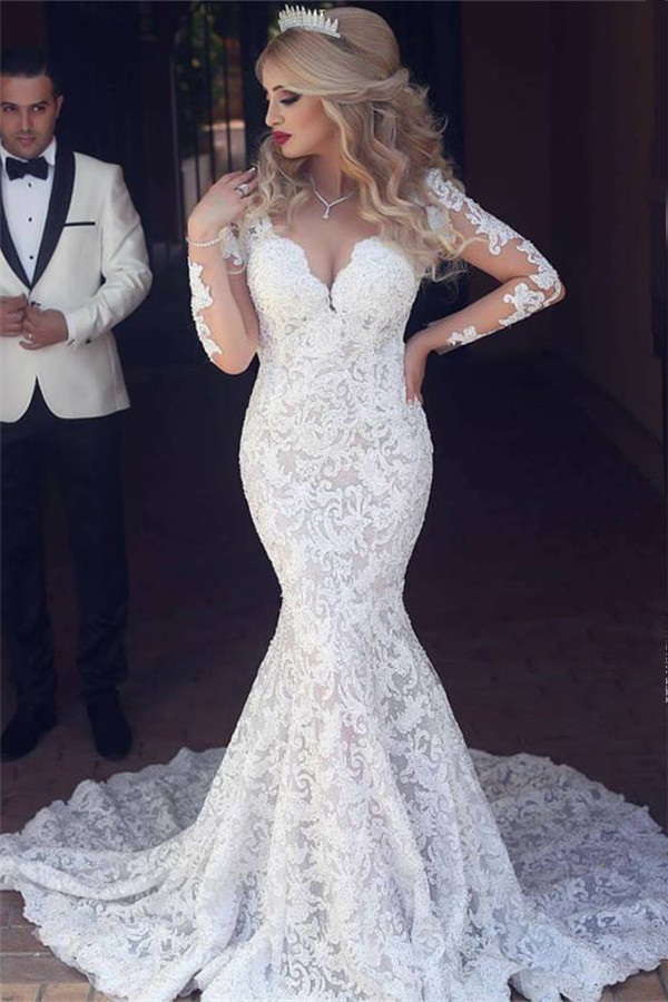 Long Sleeve Sexy Mermaid Lace Wedding Dress Open Back V-neck Classic Bridal Gown