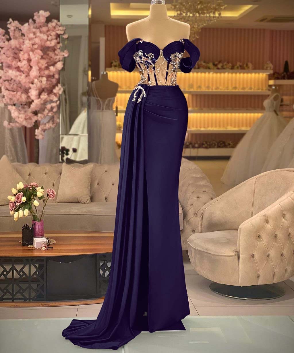 Elegant Off the Shoulder Royal Blue Beaded Sleeveless Prom Dress With Split