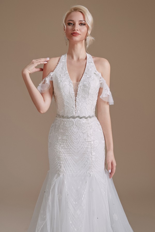 Charming Halter Mermaid Bridal Dress Off-the-Shoulder White Wedding Dress