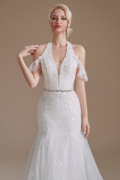 Charming Halter Mermaid Bridal Dress Off-the-Shoulder White Wedding Dress