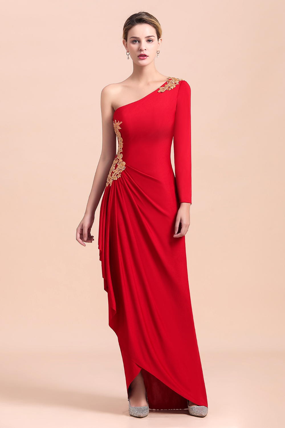 One-Shoulder Long Sleeves Ruffle Mother of Bride Dresses with Gold Appliques