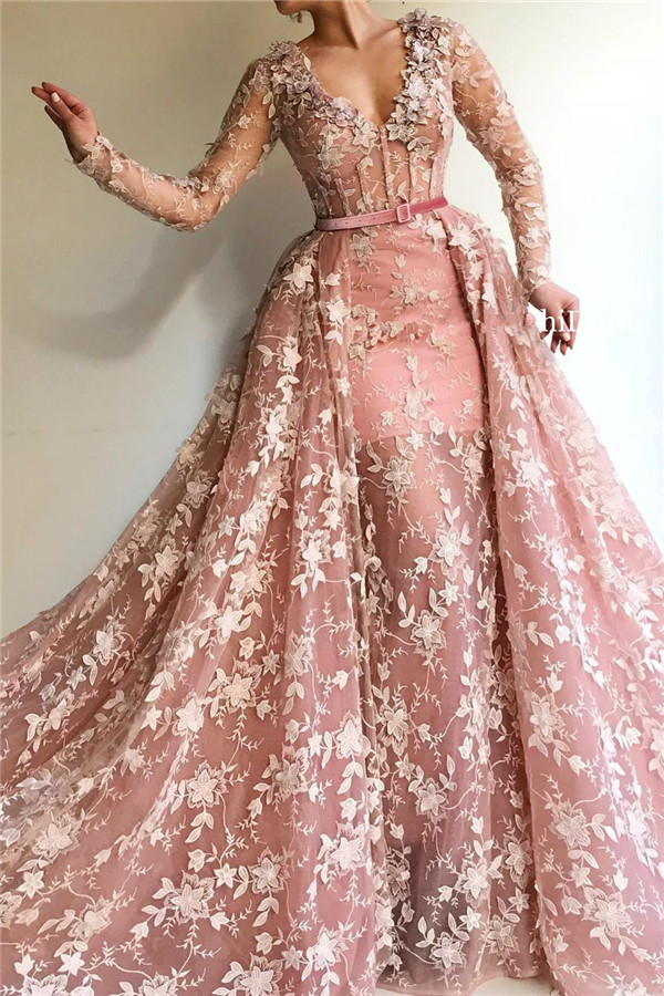 Sheer Tulle Pink Long Sleeve Prom Dress Cheap Online| Sexy Mermaid Appliques Evening Dress UK