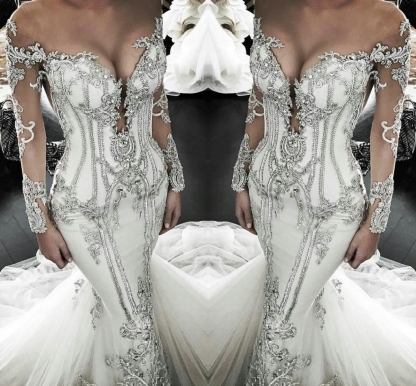 Vintage Appliques Sexy Mermaid Wedding Dresses UK Off-the-Shoulder Long Sleeves Bridal Gowns