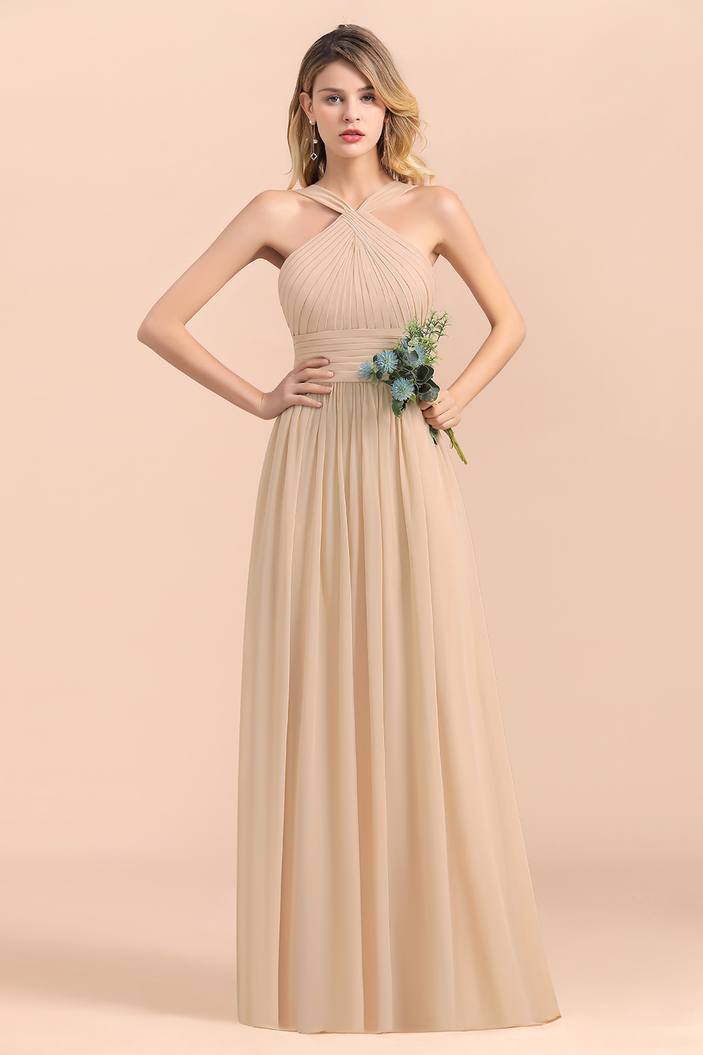 Gorgeous Halter Ruffle Chiffon Champagne Bridesmaid Dress Floor Length Wedding Party Dress