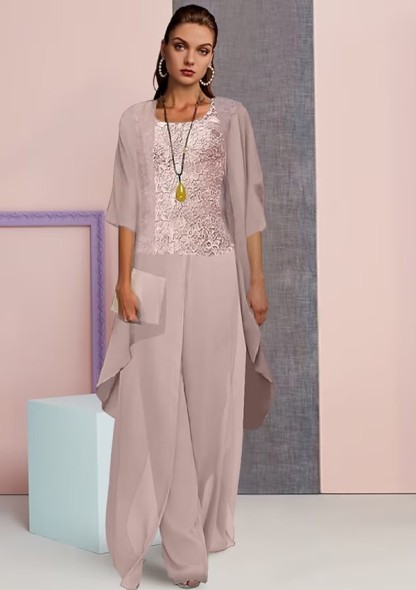 Sky Blue Chiffon Long Sleeves 3 Piece Mother of the Bride Jumpsuits