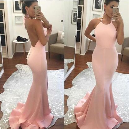 Mermaid Backless Halter Gorgeous Sleeveless Prom Dress UK PT0327
