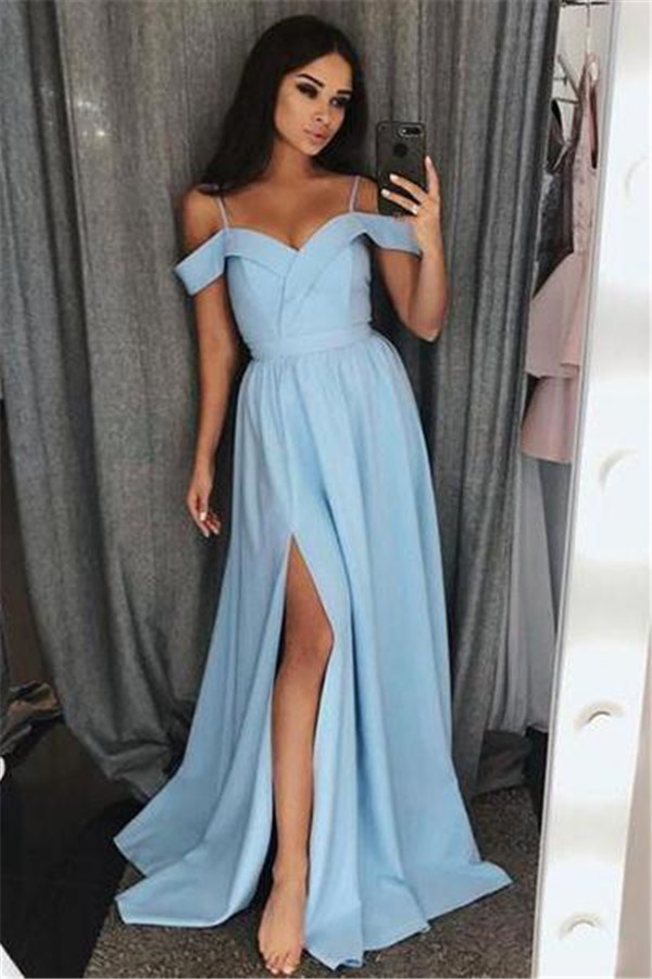 Sexy Off-the-Shoulder Ruffle Prom Dress UKes UK Side slit A-Line Sleeveless Evening Dress UKes UK
