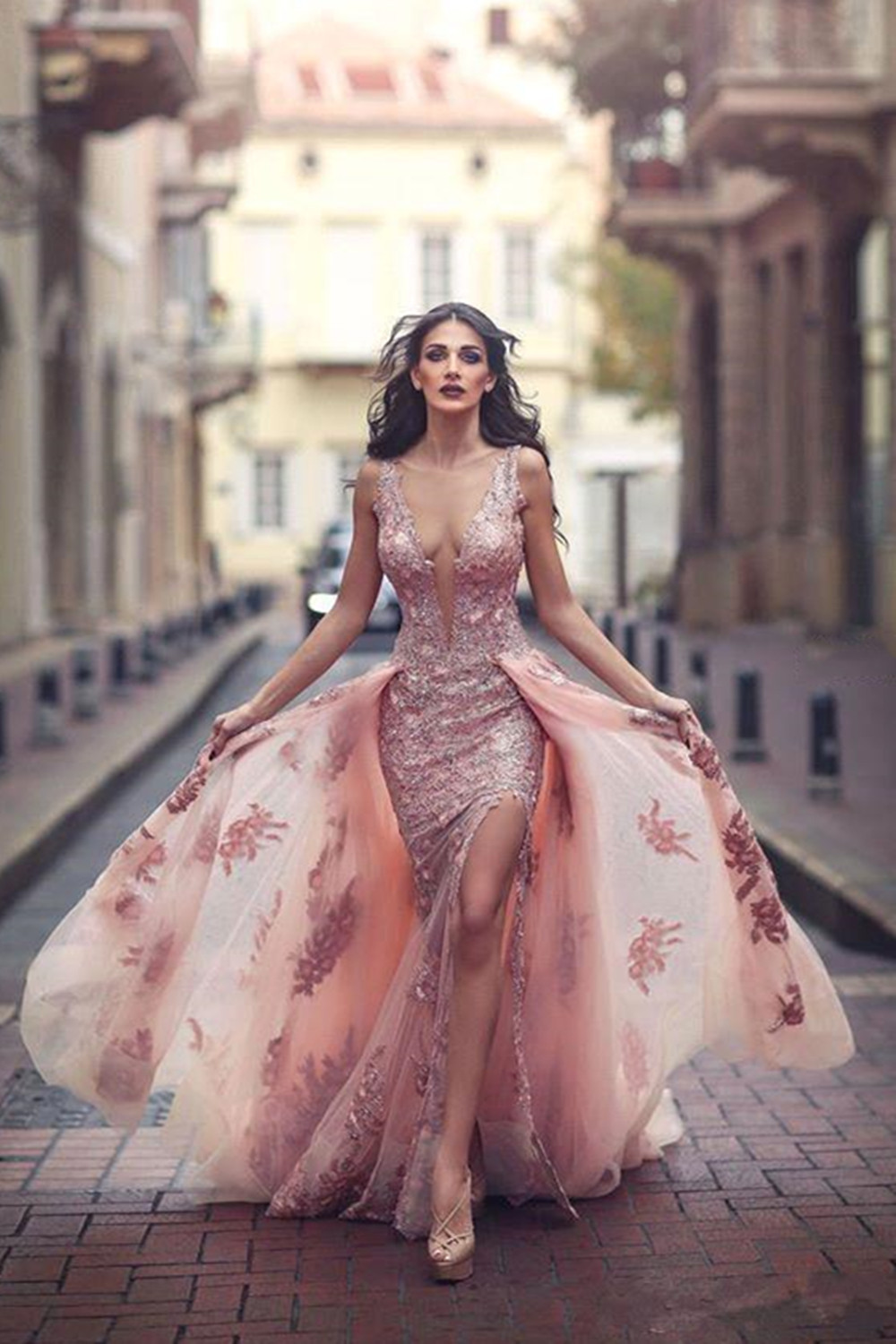 V-neck Slit Lace Amazing Front Tulle Pink Overskirt Appliques Evening Dress UK JJ0156
