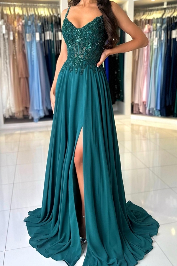 Elegant V-Neck Chiffon Aline Evening Dress Dark Green Side Slit Formal Dress with Straps