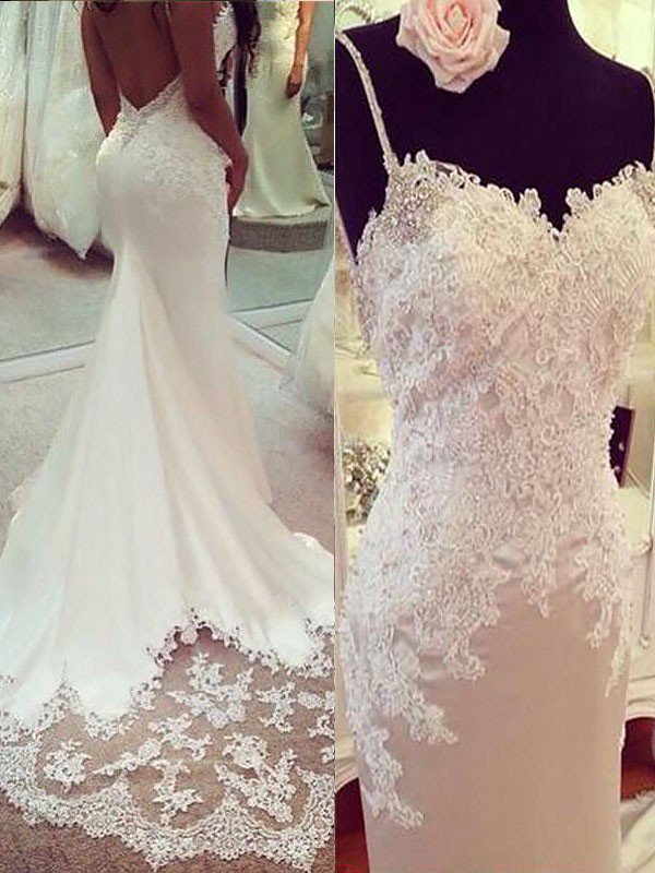 Sexy Mermaid Spaghetti Straps Applique Satin Court Train Sleeveless Wedding Dresses UK