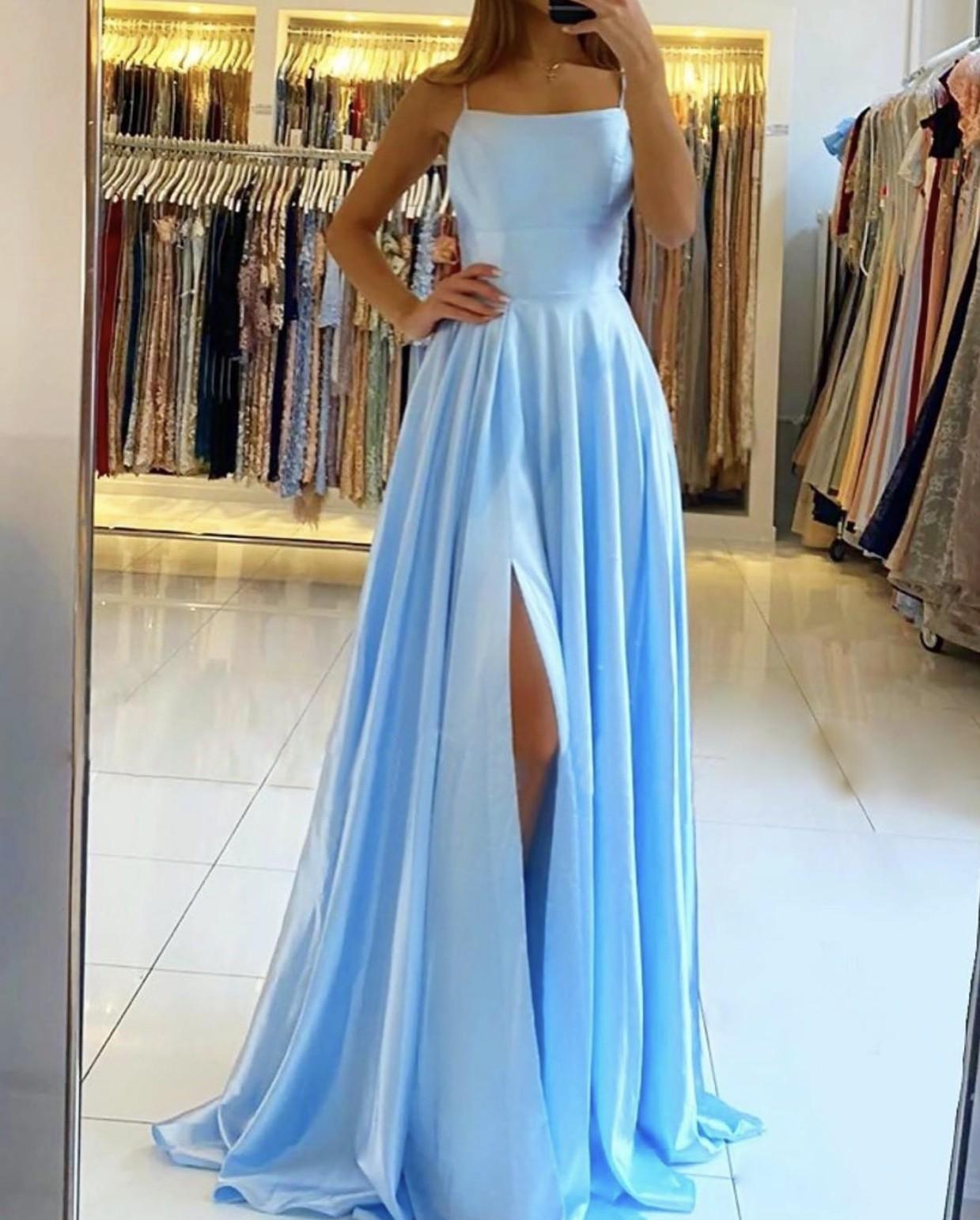 Spaghetti Straps Mint Green Satin Long Evening Dress with Side Split