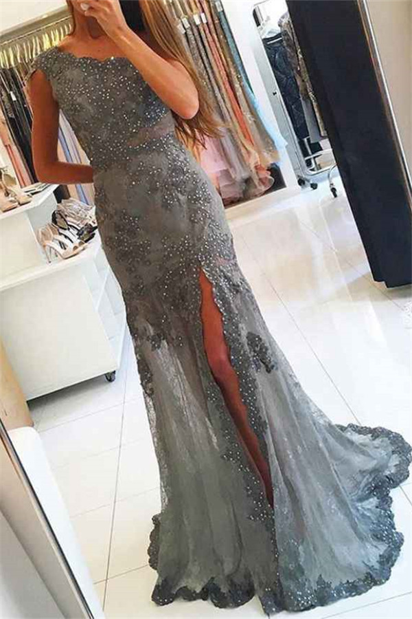Sexy Scoop Beaded Lace Prom Dress | Cheap Mermaid Sexy Slit Evening Dress UK