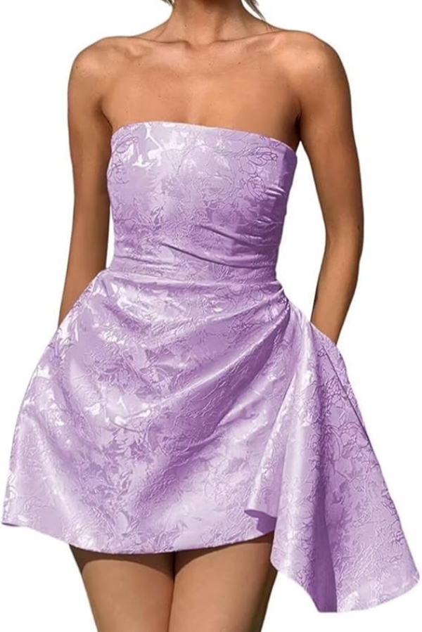 Strapless Ruched Satin Short Party Dress Sleeveless Knee Length Jacquard Homecoming Dress with Pocket