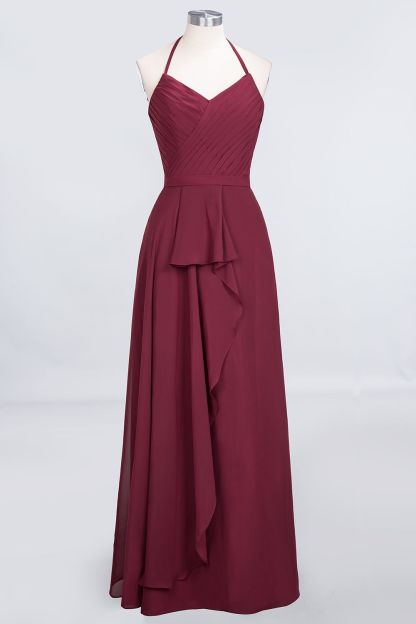 A-Line Chiffon Halter V-Neck Sleeveless Long Bridesmaid Dress UK with Ruffle-27Dress.co.uk