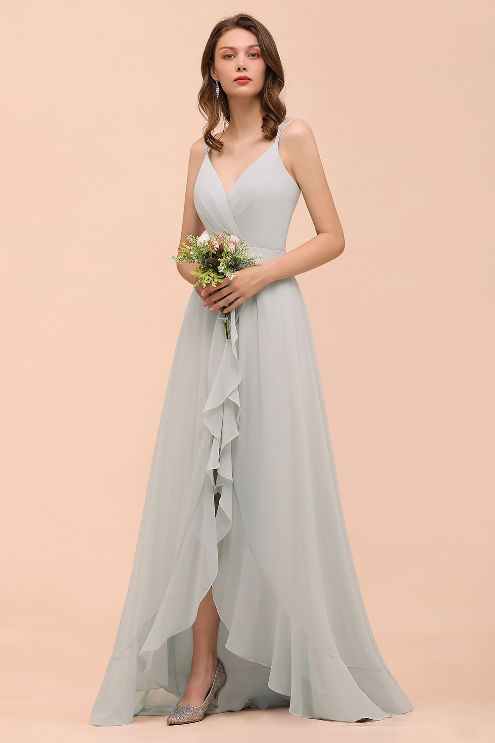 Elegant Mist Bridesmaid Dress Affordable V-Neck Straps Long Evening Dress