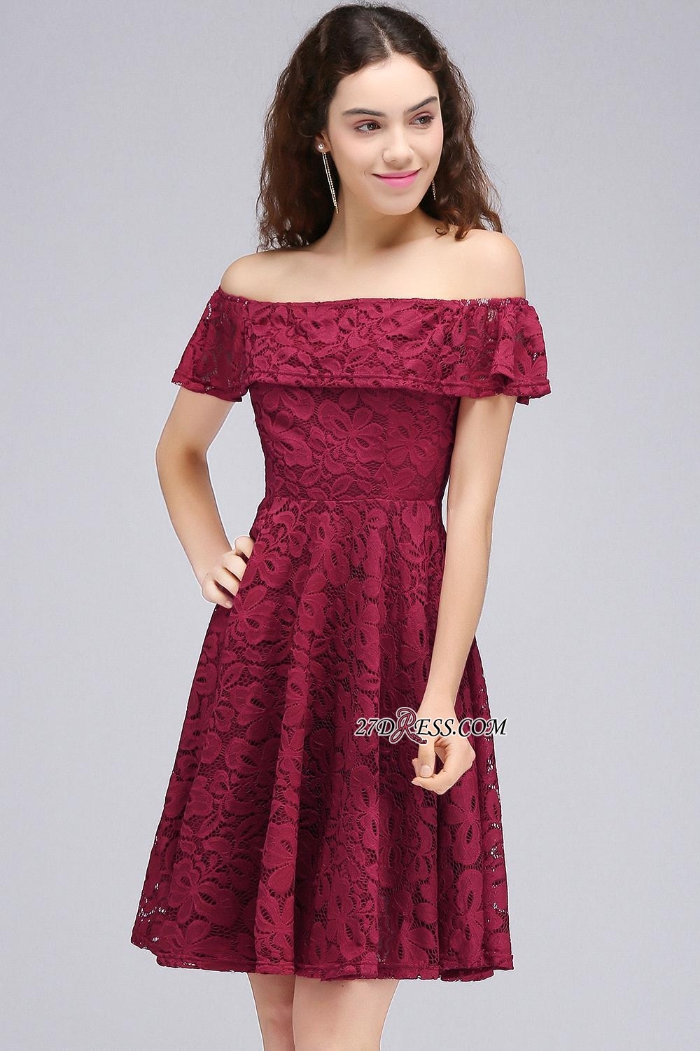 Sheath Burgundy Lace Short Off-the-Shoulder Homecoming Dress UKes UK