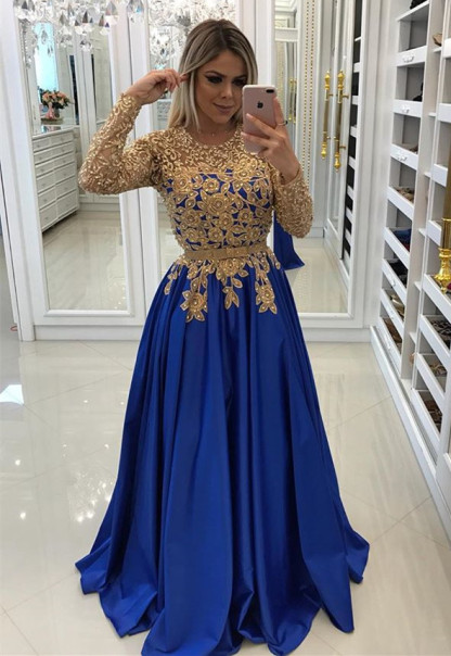 Modern Royal Blue & Gold Lace Evening Dress UK | Long Sleeve Party Gown
