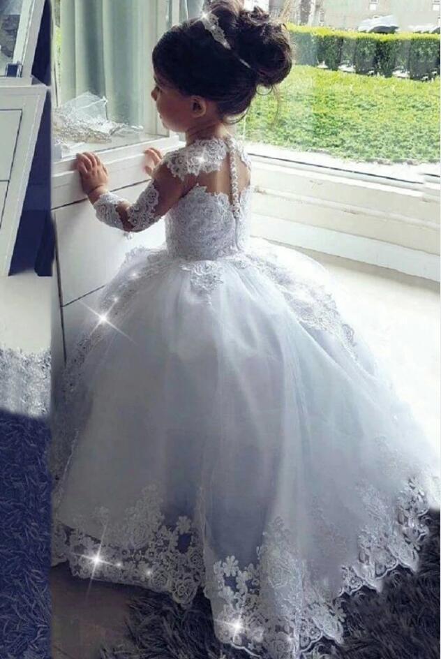 Long Sleeves White Tulle Lace Flower Girl Dress for Weddings