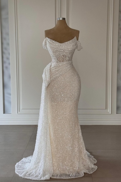 Gorgeous Strapless Ruched Sequins Mermaid Prom Dresses Floor-length