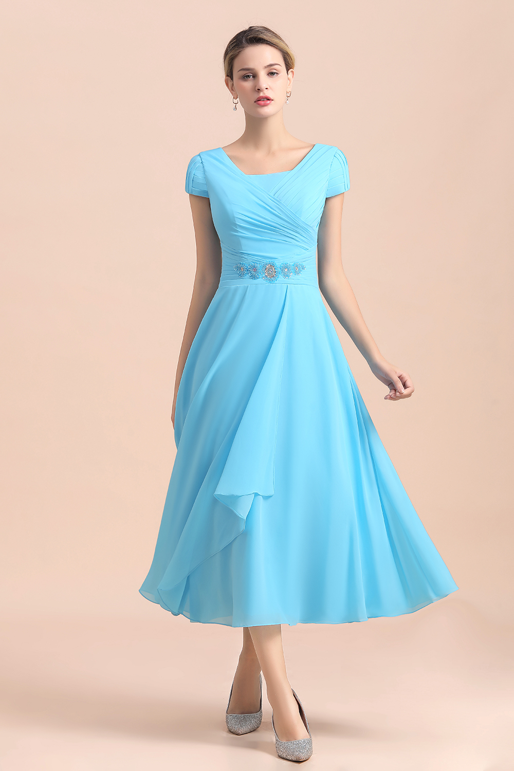 Blue Short Sleeves Chiffon Tea-Length Weddig Guest Dress