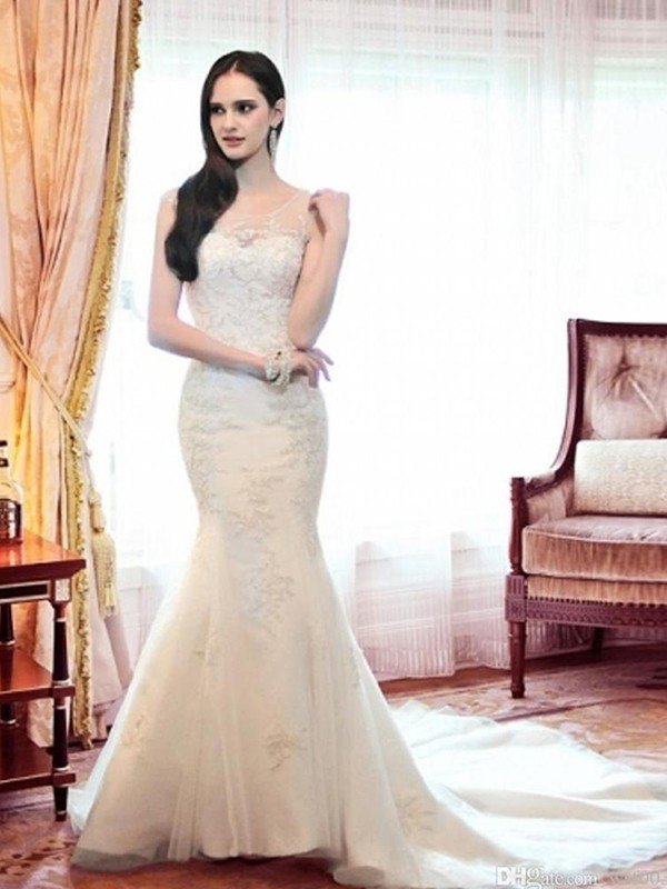 Court Train Sexy Mermaid Beads Organza Scoop Neckline Sleeveless Wedding Dresses UK