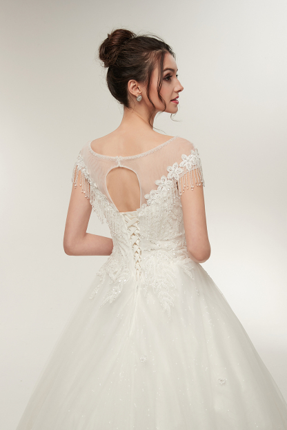 Cap Sleeves Scoop Tulle Lace Wedding Dress Aline Floor Length Crystals Bridal Dress