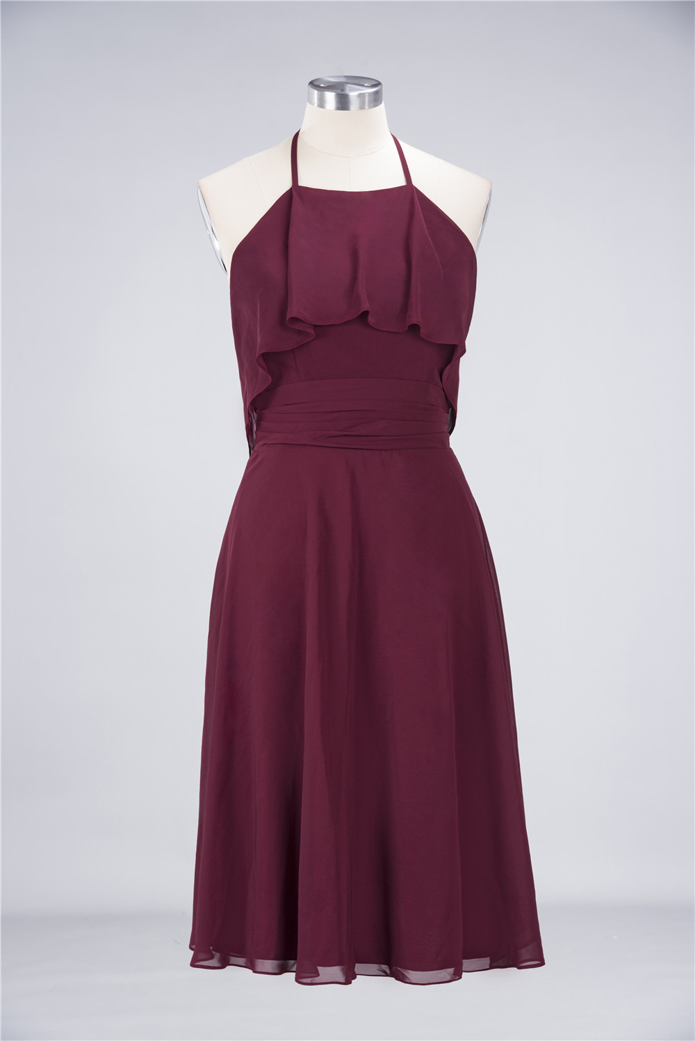 Sexy A-line Flowy Halter Sleeveless Short length Bridesmaid Dress UK with Ruffles