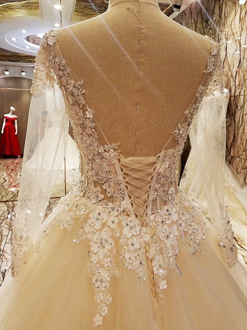 Ball Gown Long Sleeves Appliques Tulle Lace-up Wedding Dresses UK