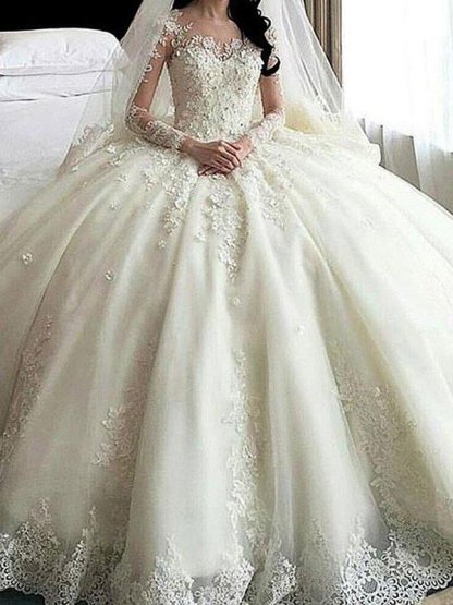Applique Long Sleeves Ball Gown Cathedral Train Lace Tulle Scoop Neckline Wedding Dresses UK