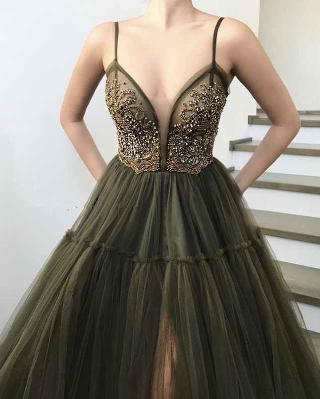 Sexy Side Slit Spaghetti Straps Tulle Affordable Evening Dress UKes UK UK