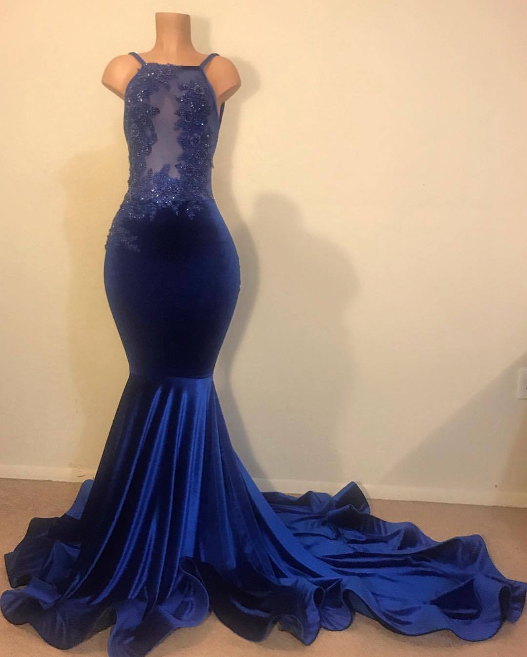 Elegant Hot Mermaid Spahgetti-Straps Backless Velvet Applique Prom Dress UK-27Dress.co.uk