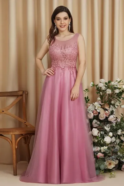 Stylish Scoop Neck Tulle Aline Evening Dress Floral Lace Long Bridesmaid Dresses Sleeveless