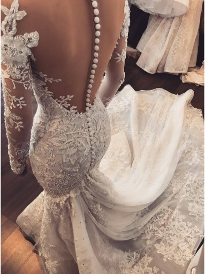 Elegant Long Sleeve Wedding Dress | Lace Appliques Wedding Dress On Sale