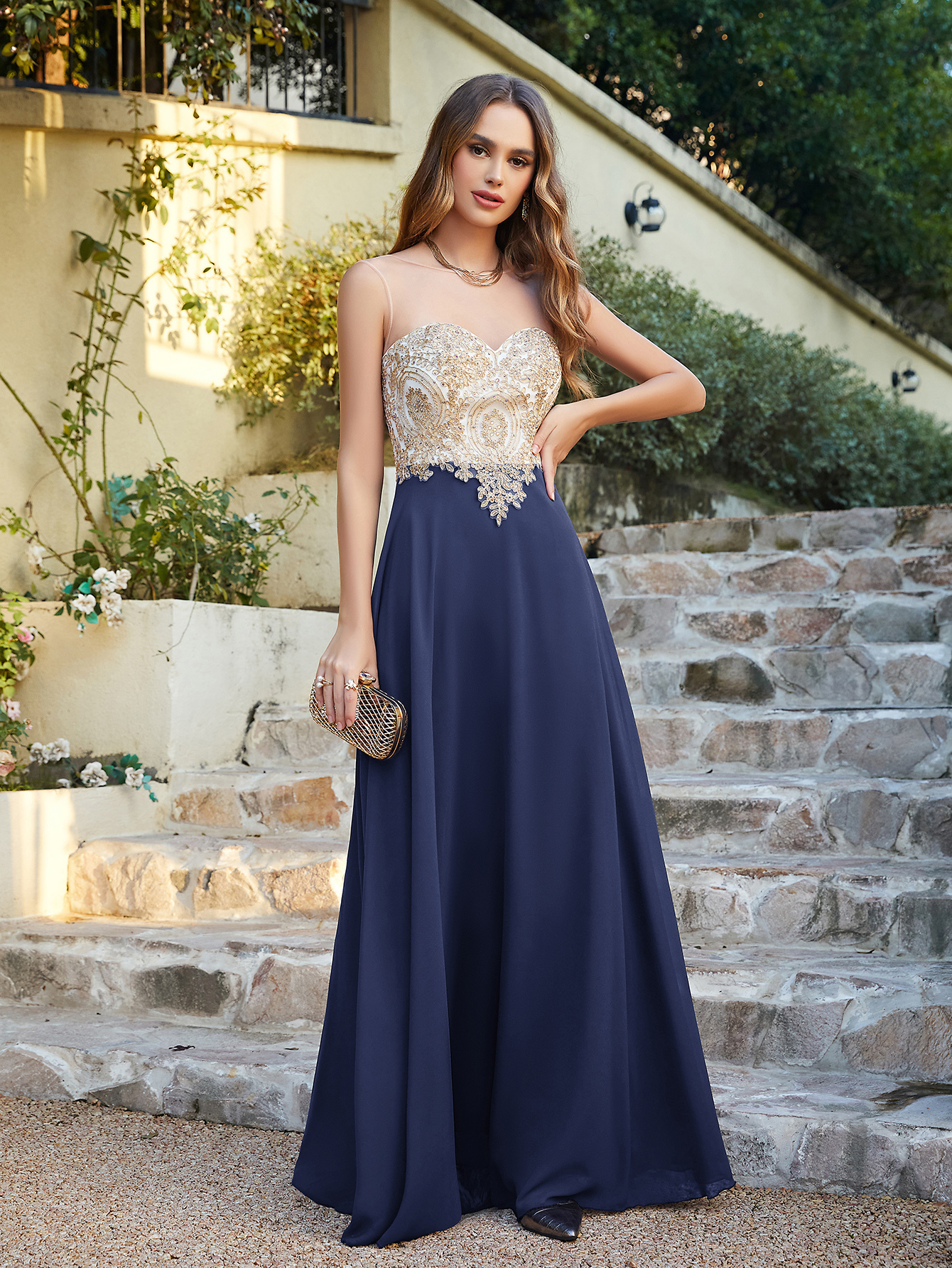 Elegant Jewel Neck Chiffon Formal Dress Floor Length A-line Lace Appliques Bridesmaid Dresses