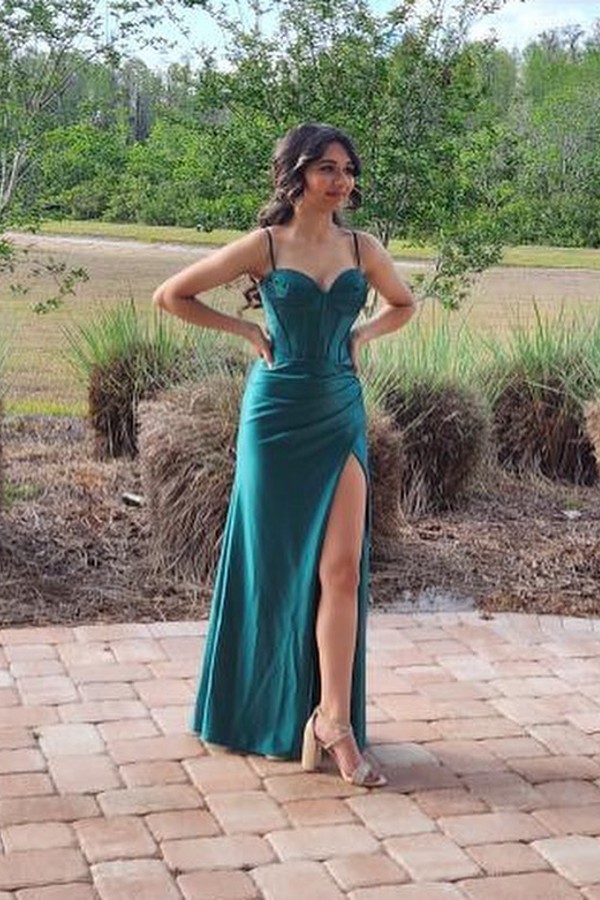 Sexy Sweetheart Side Slit Prom Dress Spaghetti Straps Long Slim Party Dress
