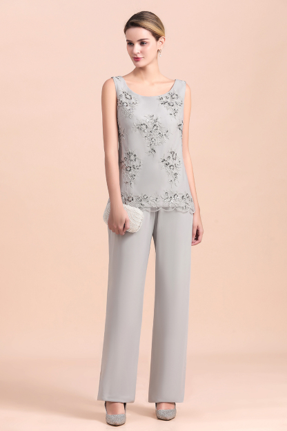 Elegant Sleeveless Appliques Silver Chiffon Mother of Bride 3 Piece Jumpsuit with Wrap