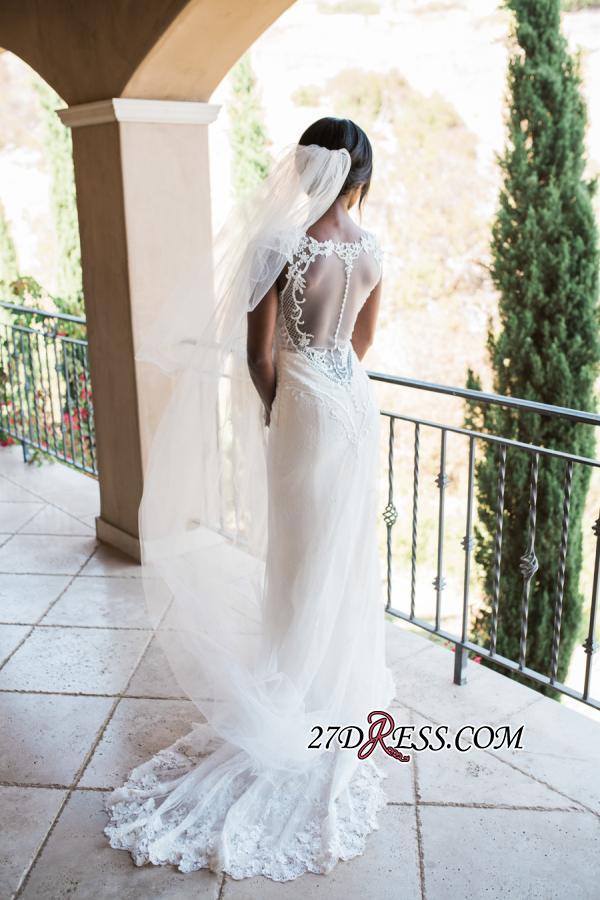Lace Buttons Sexy Mermaid Appliques Crystal Long-Sleeves Elegant Wedding Dress