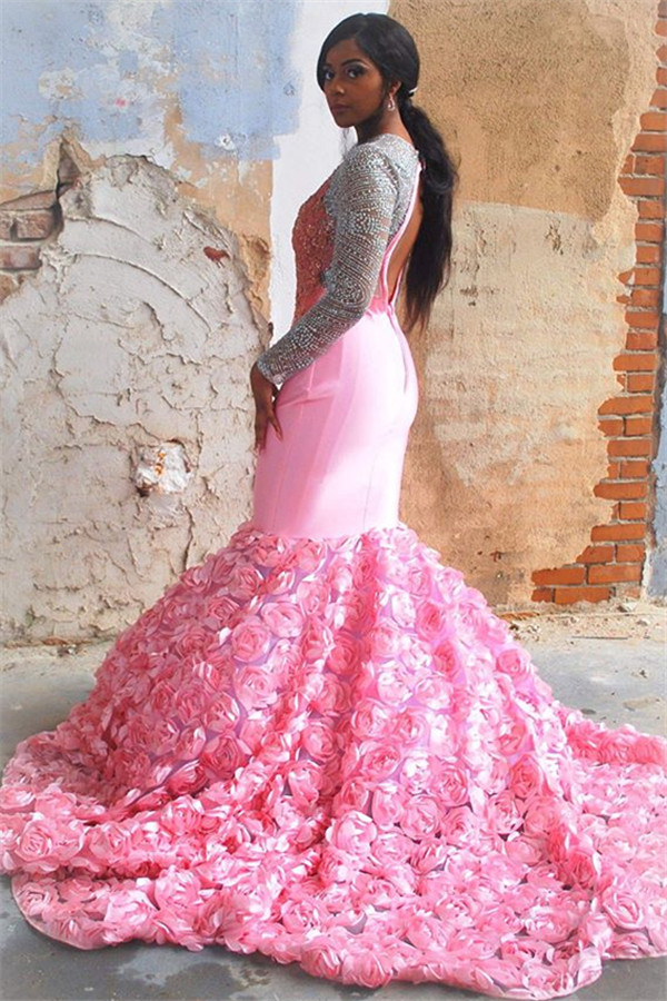 Simple Sweet Pink Floral Long-Sleeves Elegant Trumpt Backless Evening Gown