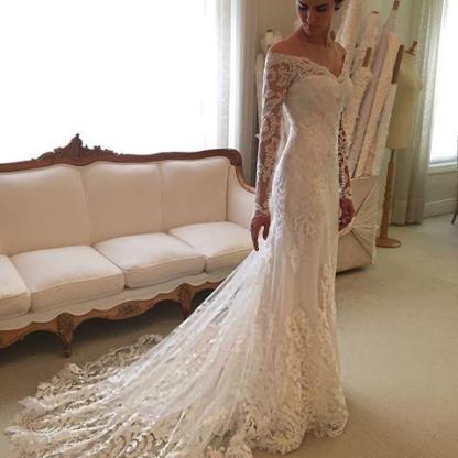 Court-Train Lace Long-Sleeve Sheath V-neck Off-the-shoulder Wedding Dresses UK BA4066