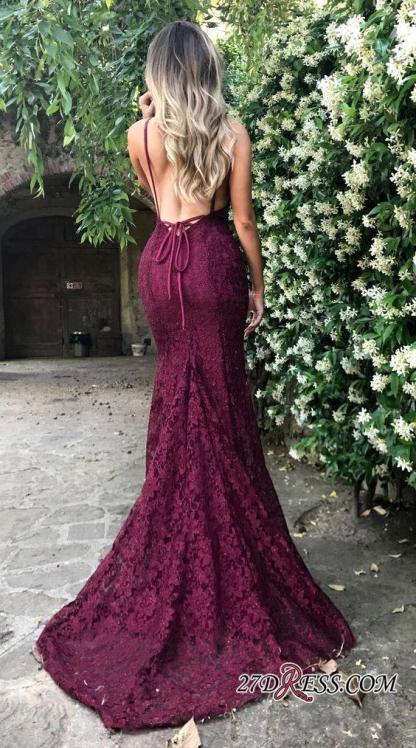 Gorgeous Maroon V Neck Lace Evening Dress UK Long Mermaid Prom Dress BA7196