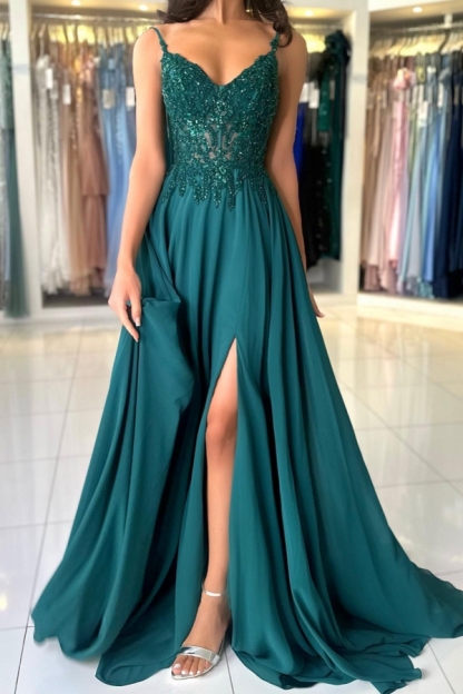 Elegant V-Neck Chiffon Aline Evening Dress Dark Green Side Slit Formal Dress with Straps