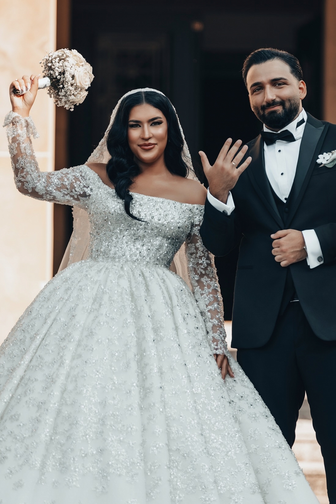 Appliques Lace Crystal Long Sleeve Princess Wedding Dresses Chapel Train